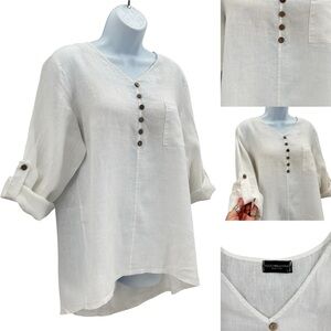 Terzo Millennio 100% Linen Roll Tab Sleeve Wooden Buttons Top Sz L Lagonlook